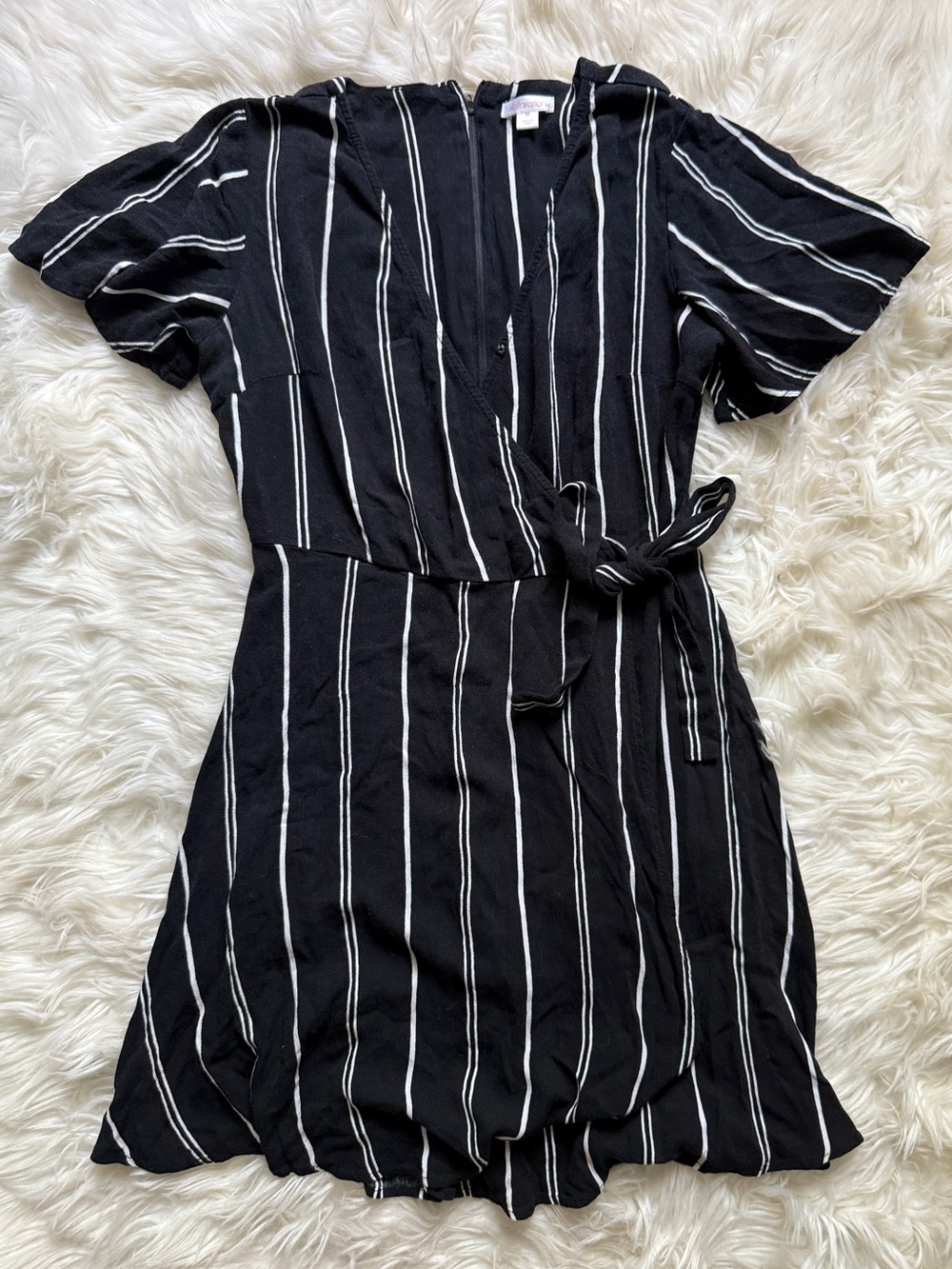 Xhilaration Black and White Striped Faux Wrap Dress Size Medium